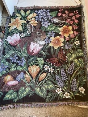 VTG woven Cottagecore fairy whimsy Floral Forest Botanical Tapestry Blanket